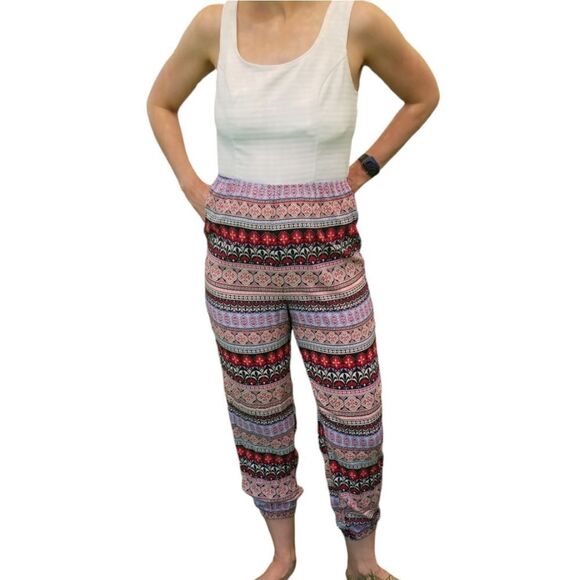 Stoosh Pants - Stoosh Jumpsuit Sleeveless Solid White Top Multicolored Printed Bottom Size Lg